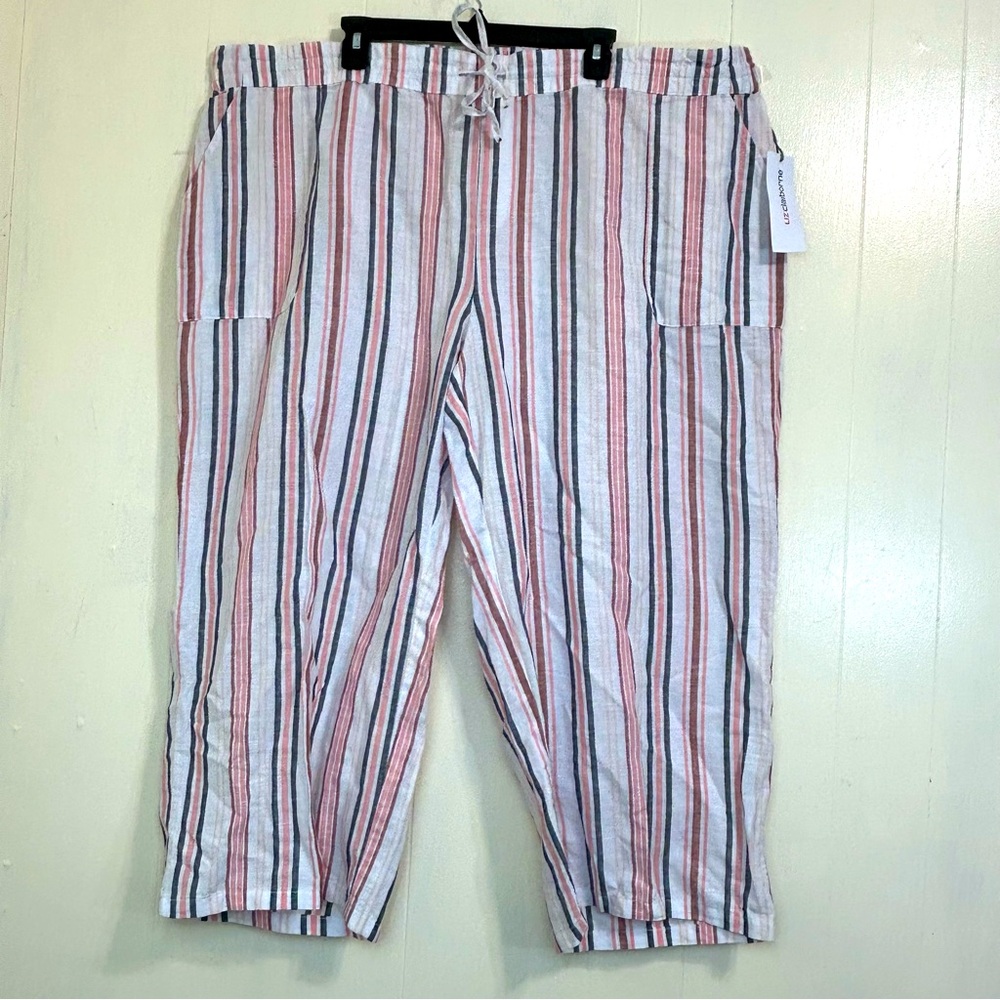 Liz Claiborne NEW White Stripped Linen/Cotton Wide Leg Cropped Pants Size 2X.